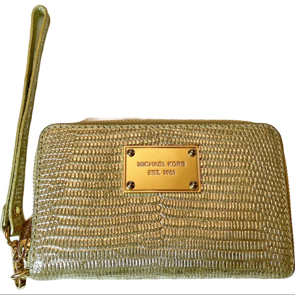 Michael Kors Faux Croc Gold Zip Wristlet Logo